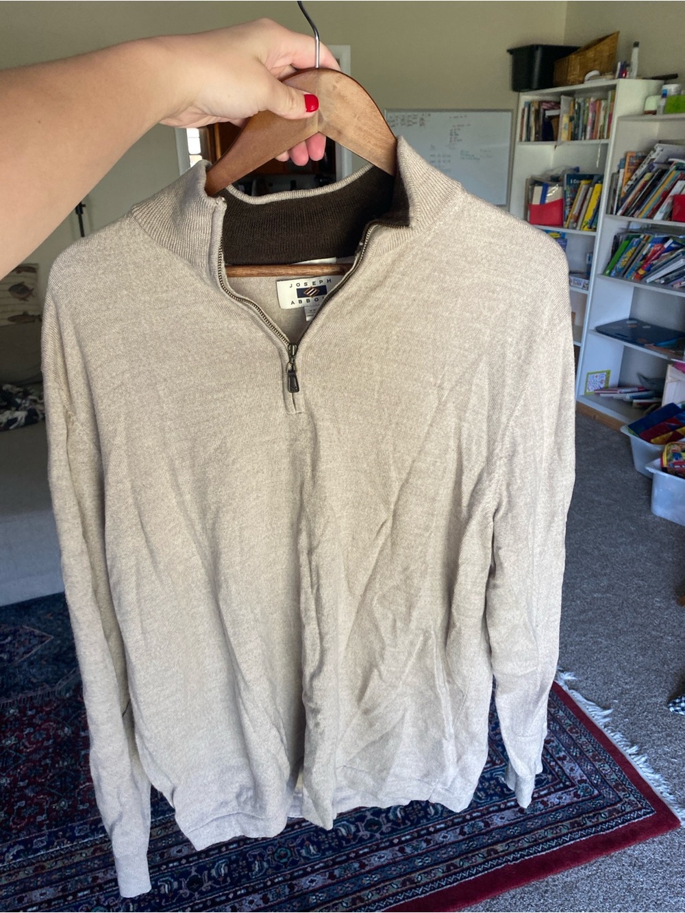 Joseph Men's Light Beige Quarter-Zip Sweater with Contrast Collar